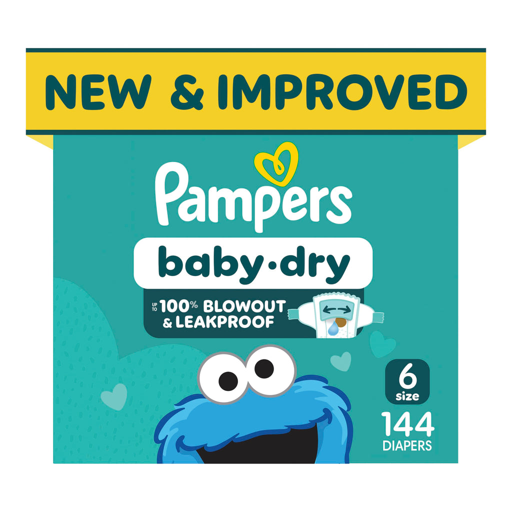 Pampers Baby Dry Ultra Cushiony Diapers, Size 6 (23-44 lbs), 144 Count, Up to 100% Leakproof (Packaging May Vary)