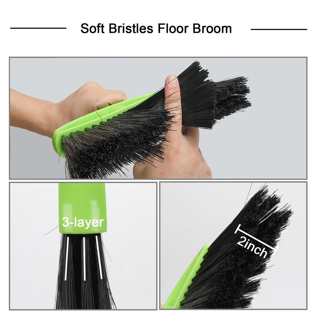 3 Packs Indoor Brooms Green Angle Broom Soft Bristles Long Handle for Hardwood Floor Sweeping