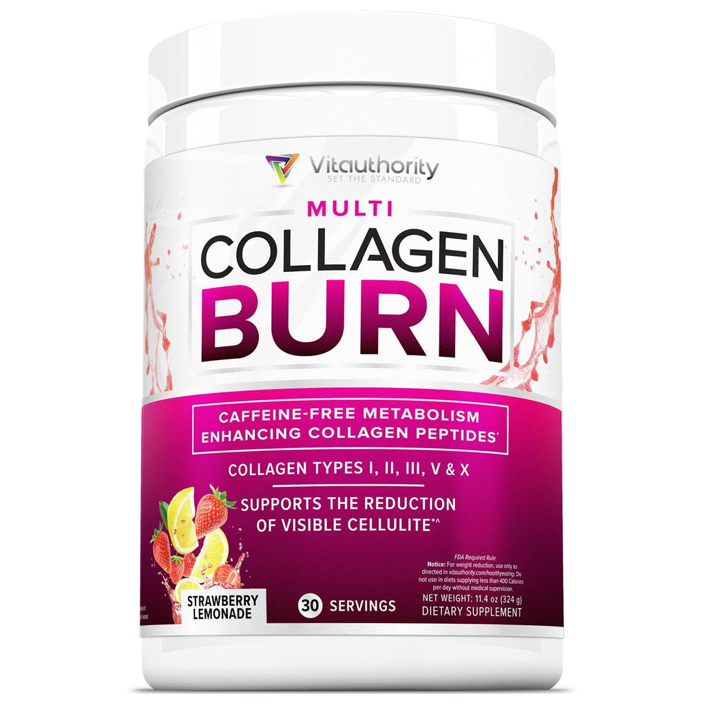 Multi Collagen Burn: Hydrolyzed Protein Peptides with Hyaluronic Acid, Vitamin C, SOD B Dimpless, Types I, II, III, V and X, Caffeine-Free Strawberry Lemonade Flavored 30 Servings