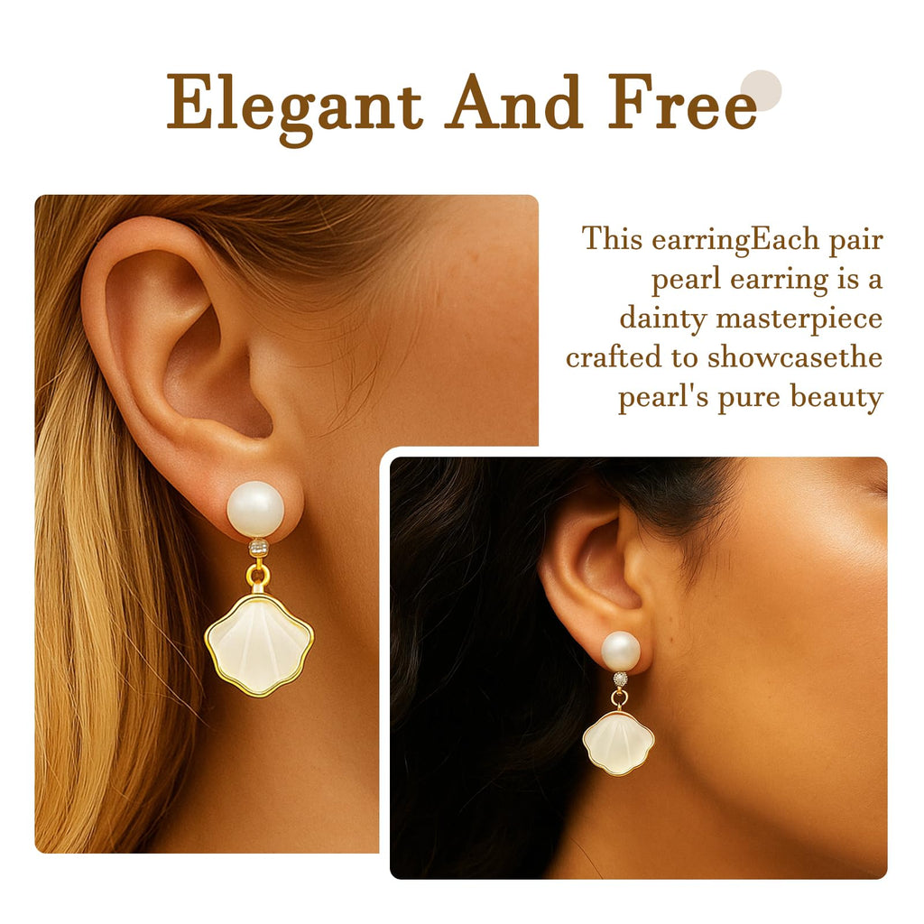 Pearl Shell Earrings for Women, 18K Gold Plated Brass Boho Drop Earrings with Freshwater Pearl & Mother of Pearl, Hypoallergenic Beach Jewelry Gifts