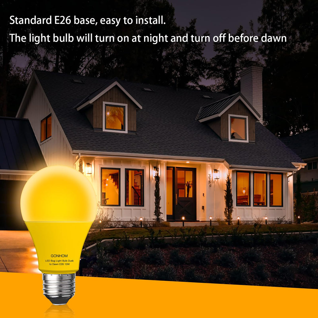 Gonhom Dusk to Dawn Bug Light Bulb Outdoor,2 Pack Amber Bug Light Bulb,Auto On/Off,10W(100W Equivalent),E26 Base,Bug Lights for Outside.Home Hallway Porch Lights.Decorative Lamps.Bedroom