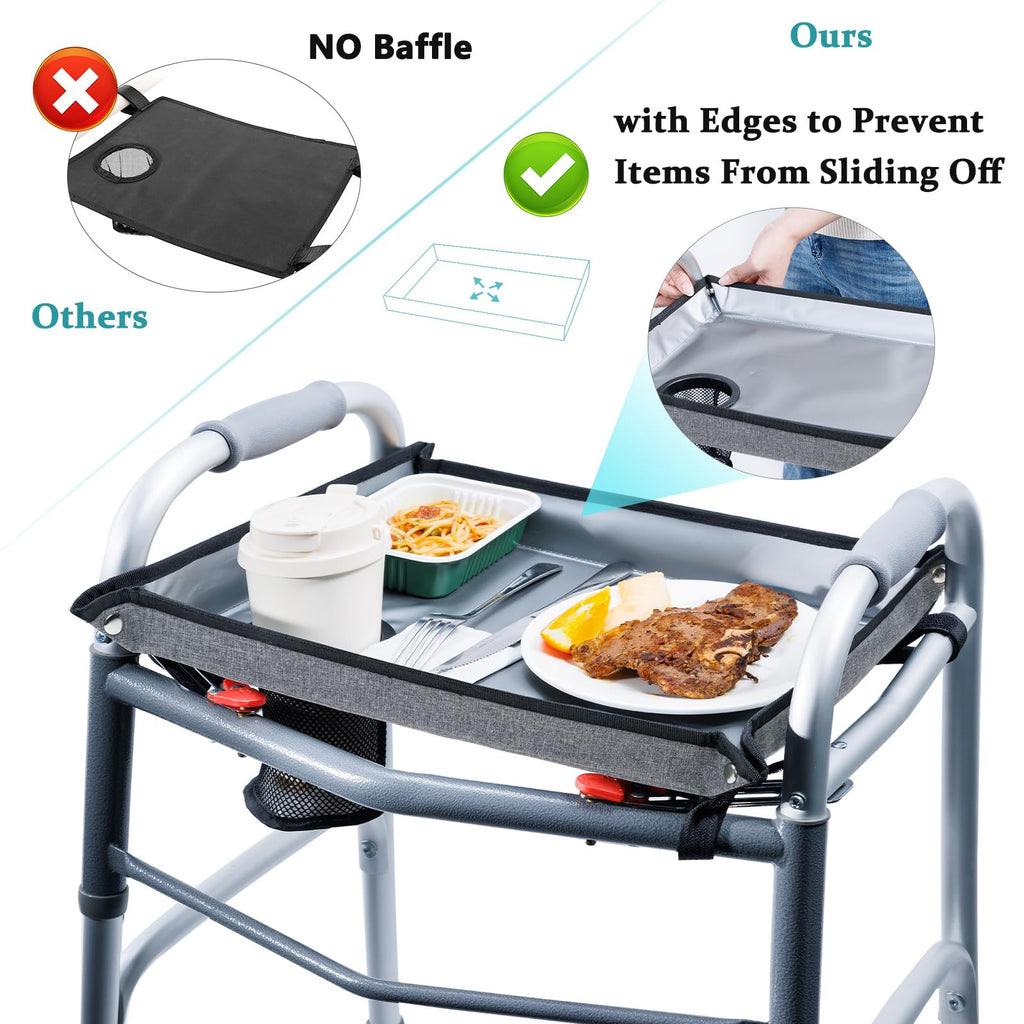 BAGSFY Walker Tray with Cup Holder – Hard Top Walker Accessory for Seniors – Folding Walker Table for Meals, Reading, Drinks – Non-Slip, Easy Install, Universal Fit