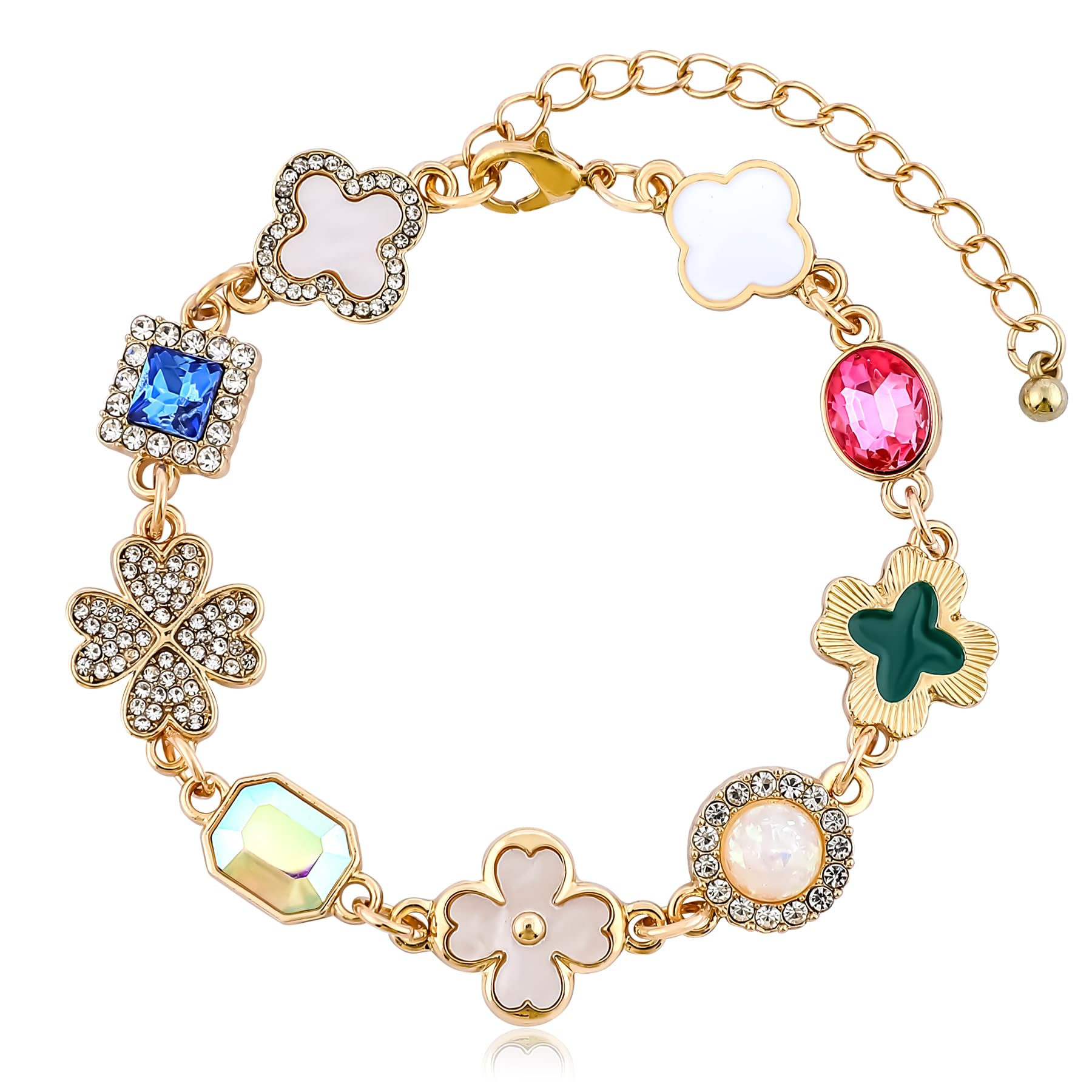 Gold Clover Charm Link Bracelet for Women Cute Colorful Geometric Diamond Mother of Pearl Lucky Four Leaf Clover Bracelet Enamel Crystal Rhinestone Statement Bracelet Adjustable Party Jewelry Gift