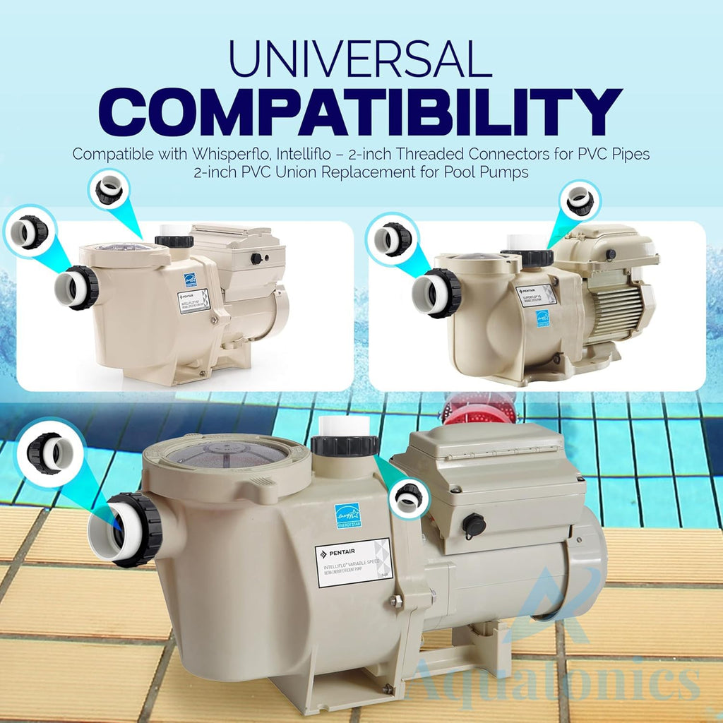 Aquatonics High-Temp Joints – 2-Pack 1-Set Hi Temp Union Compatible with Whisperflo, Intelliflo – 2" Threaded Connectors for PVC Pipes – 2-inch PVC Union Replacement for Pool Pumps