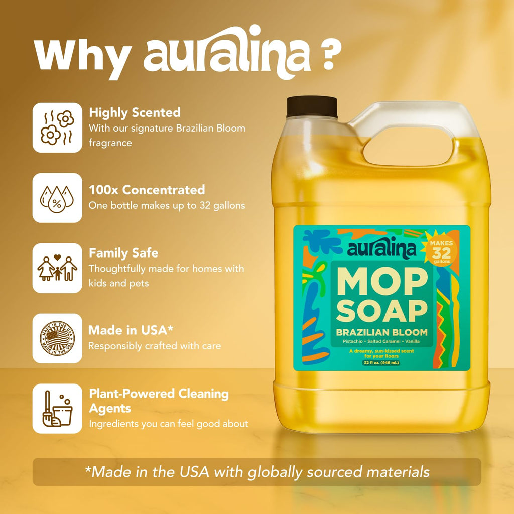 Auralina Luxury Mop Soap for Floor Cleaning - Highly Scented Brazilian Waves Concentrated Formula - Best Smelling Floor Cleaner for Mopping Tile, Wood & Laminate - R&W - No Residue, Pet Safe (32oz)