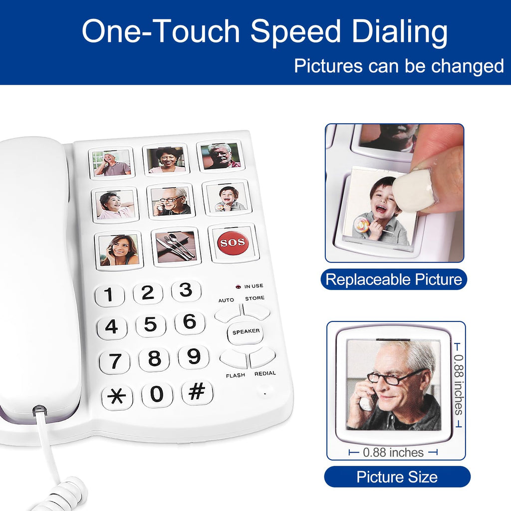 Big Button Phone for Seniors, 9 Pictured Big Buttons,Extra Loud Ringer,Wired Simple Basic Landline Telephone for Visually Impaired Old People with Large Easy Buttons, Emergency House Phones