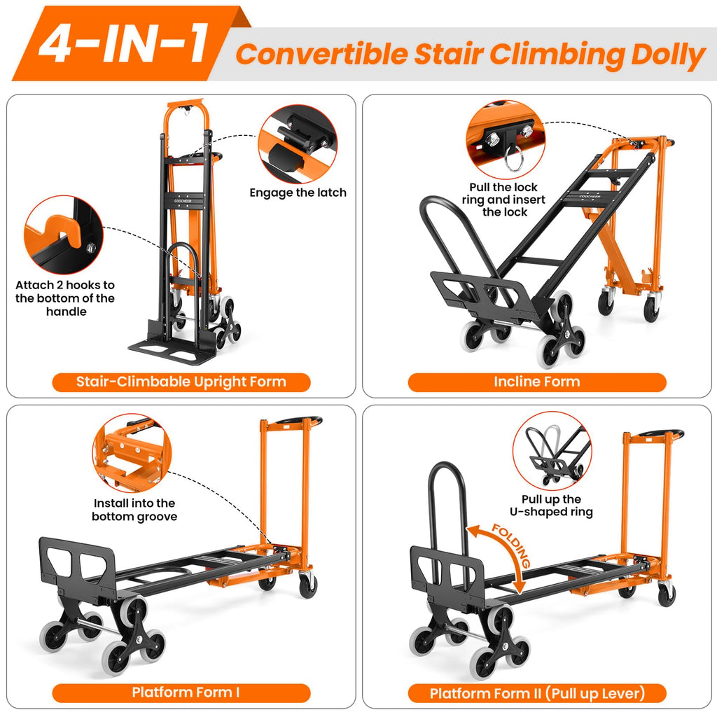4-in-1 Hand Truck Dolly Heavy Duty Industrial Convertible, 1000 LBS Stair Climbing Cart Utility Cart Converts from Hand Trucks Dolly to Platform Cart Folding Stair Climbing Cart (Orange)