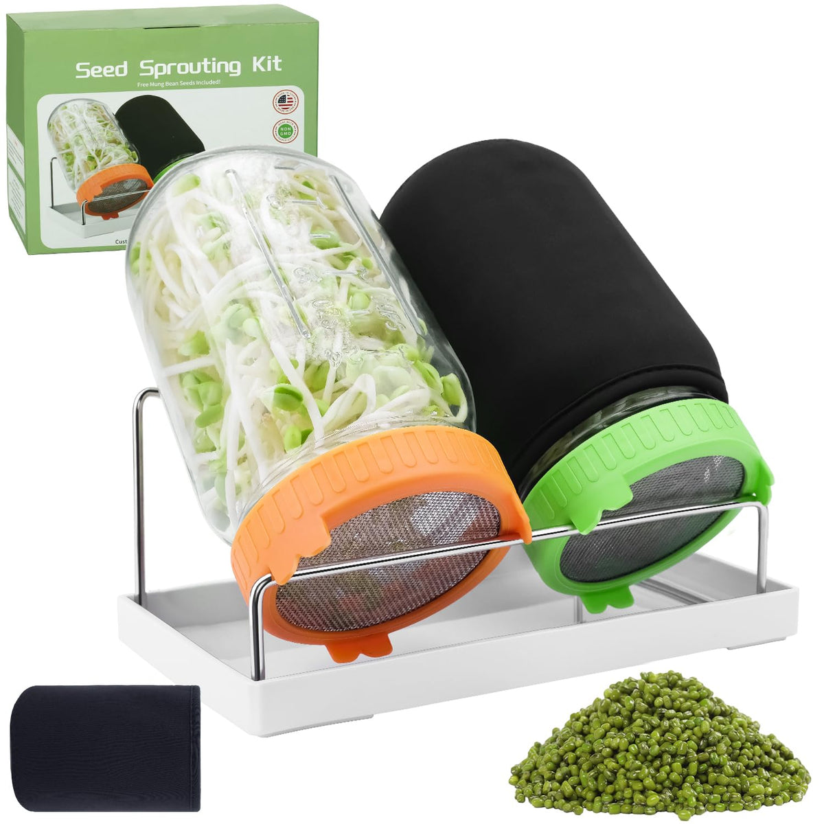 Seed Sprouting Jar Kit with Mung Beans 2.9oz, 2 Wide Mouth Mason Jars with Sprouting Lids, Drain Tray Blackout Sleeves, Sprouts Growing Kit for Growing Bean, Broccoli, Alfalfa, Radish Sprout Seeds
