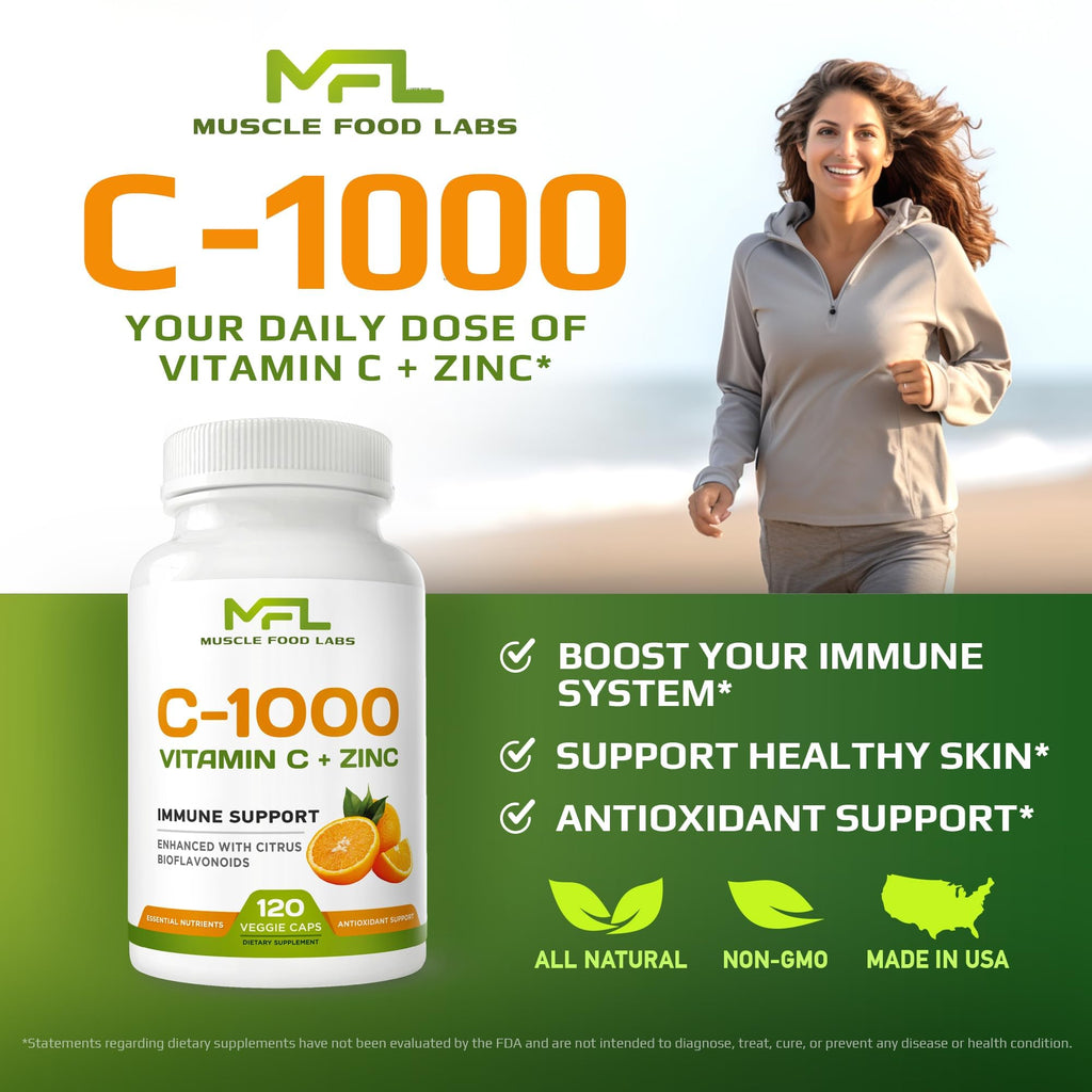 MUSCLE FOOD LABS | Vitamin C + ZINC | C - 1000 | VIT C 1000mg | Zinc 25mg | Citrus Bioflavonoids 25mg | Non-GMO & Gluten Free | 120 Capsules