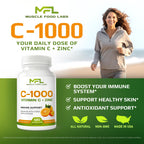 MUSCLE FOOD LABS | Vitamin C + ZINC | C - 1000 | VIT C 1000mg | Zinc 25mg | Citrus Bioflavonoids 25mg | Non-GMO & Gluten Free | 120 Capsules