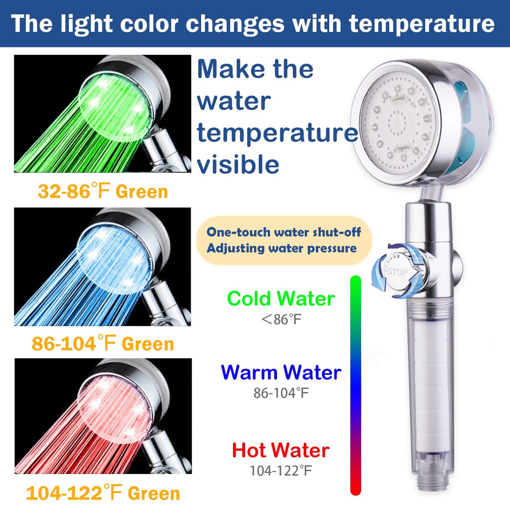 ANTOWER LED Shower Head with Handheld High Pressure Shower Heads Set with 79 Inch Shower Hose,Shower Holder,4 PP Cotton Filters,Turbo Fan Shower Water Temperature-Controlled One Key Pause Switch