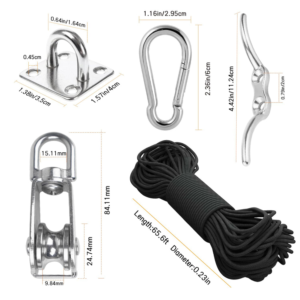 LAIWOO M25 Stainless Steel Pulley System Kit-Heavy-Duty Pulley Wheel, Pulley Block with Nylon Rope, Hooks, Eye Pad Plate, and Rope Cleat - Ideal for Lifting, DIY Projects, and Clothesline (2 Pack)