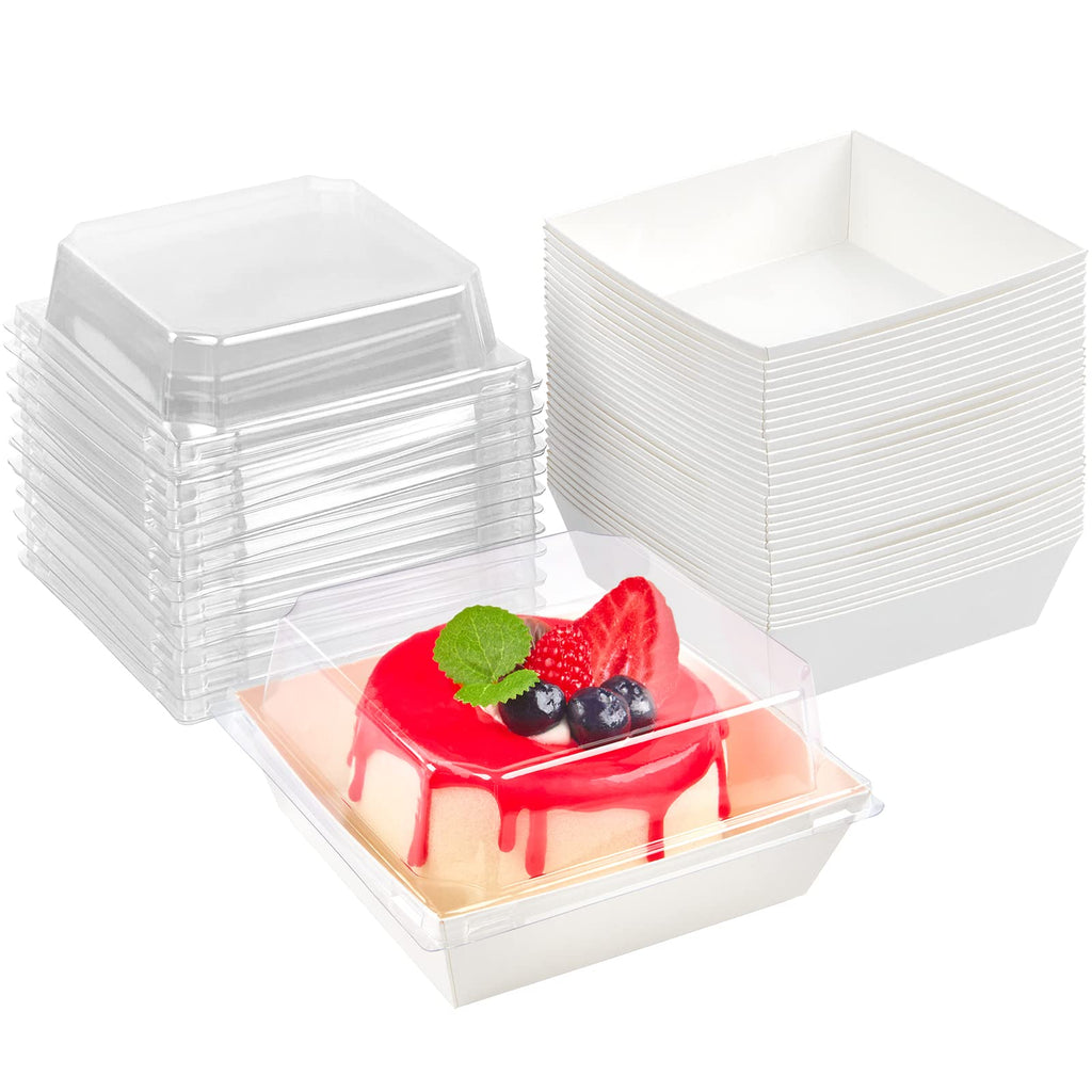 Kucoele 50 Pack Small Charcuterie Boxes with Clear Lids, 4 Inches Paper Bakery Boxes Dessert Boxes Disposable To Go Food Containers for Cookie, Cake Slice, Mini Cake, Chocolate Strawberry (White)