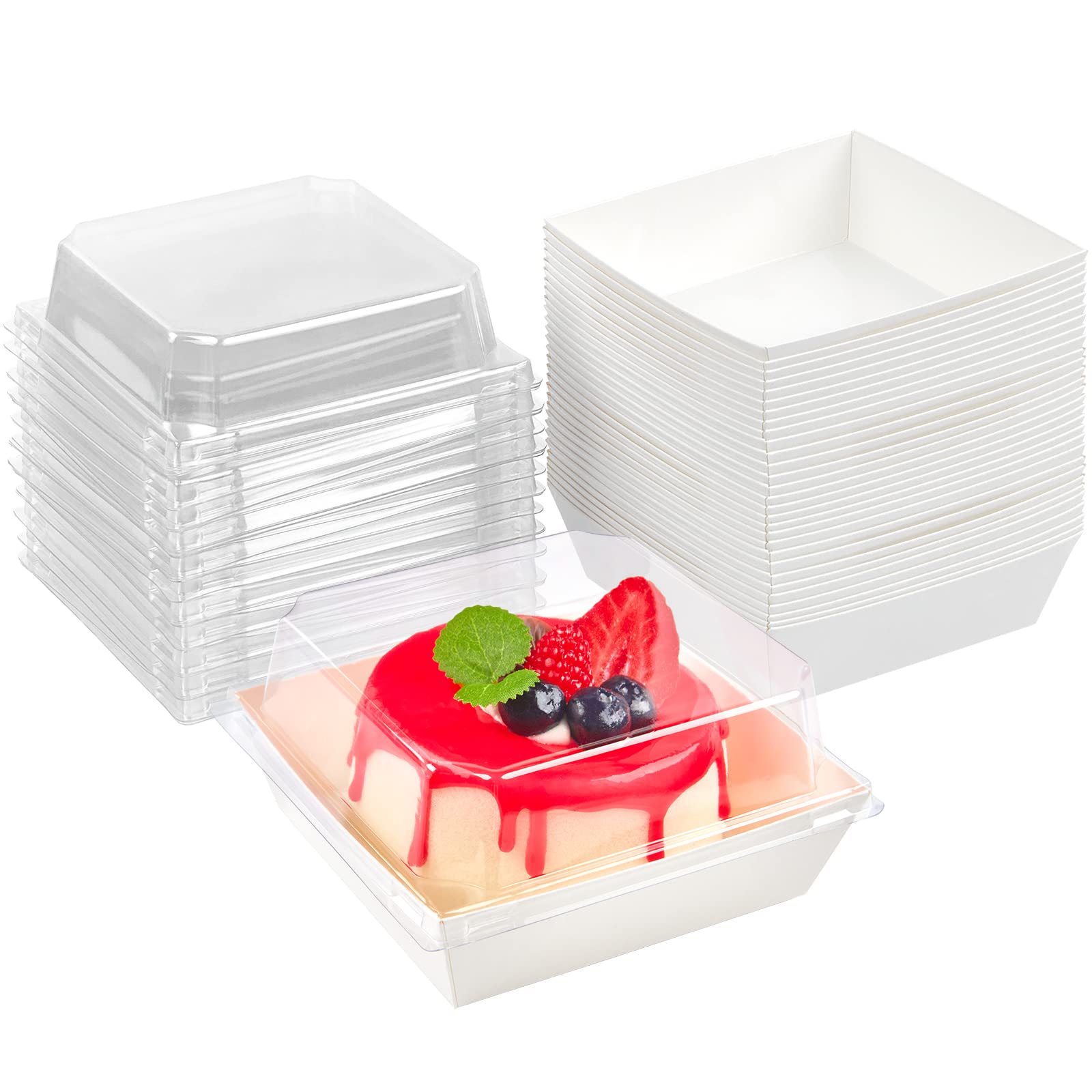 Kucoele 50 Pack Small Charcuterie Boxes with Clear Lids, 4 Inches Paper Bakery Boxes Dessert Boxes Disposable To Go Food Containers for Cookie, Cake Slice, Mini Cake, Chocolate Strawberry (White)