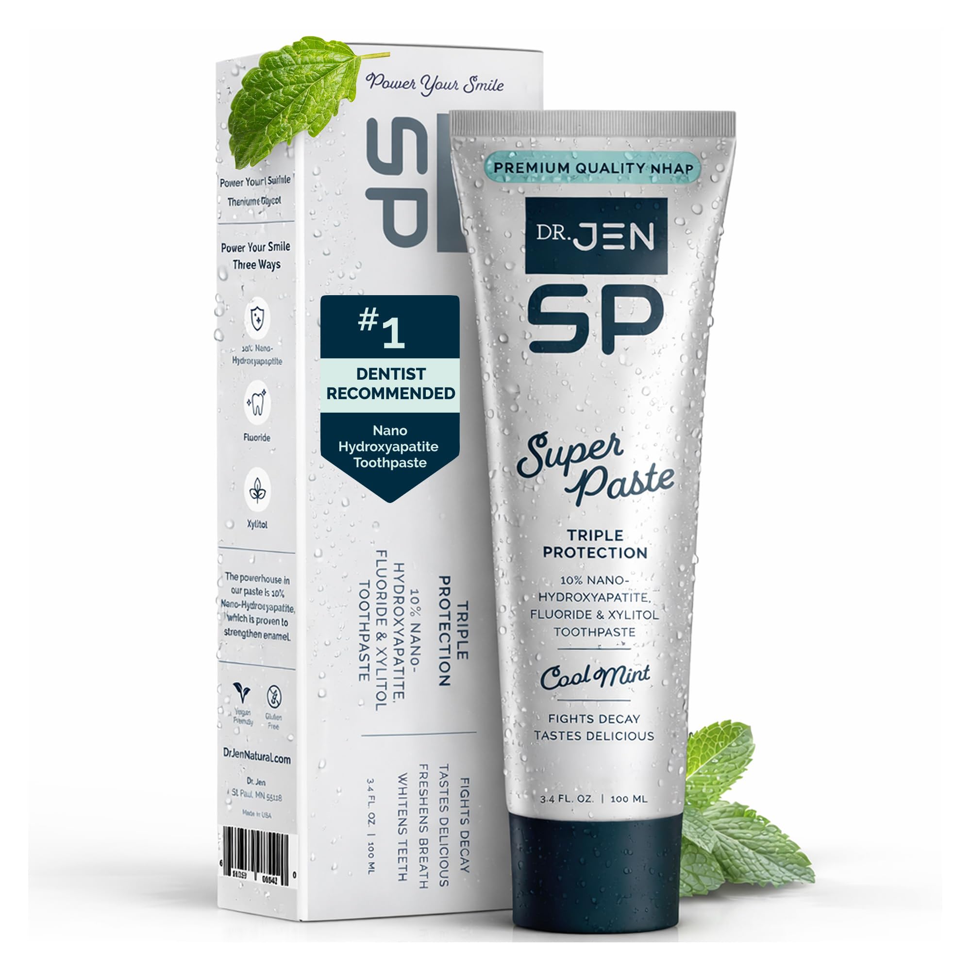 Dr. Jen Super Paste Toothpaste with 10% Premium Nano Hydroxyapatite, Fluoride, Xylitol & Glycerin for Daily Oral Care, Designed for Sensitive Teeth, Vegan, Travel Essentials, Cool Mint Flavor, 1 Pack