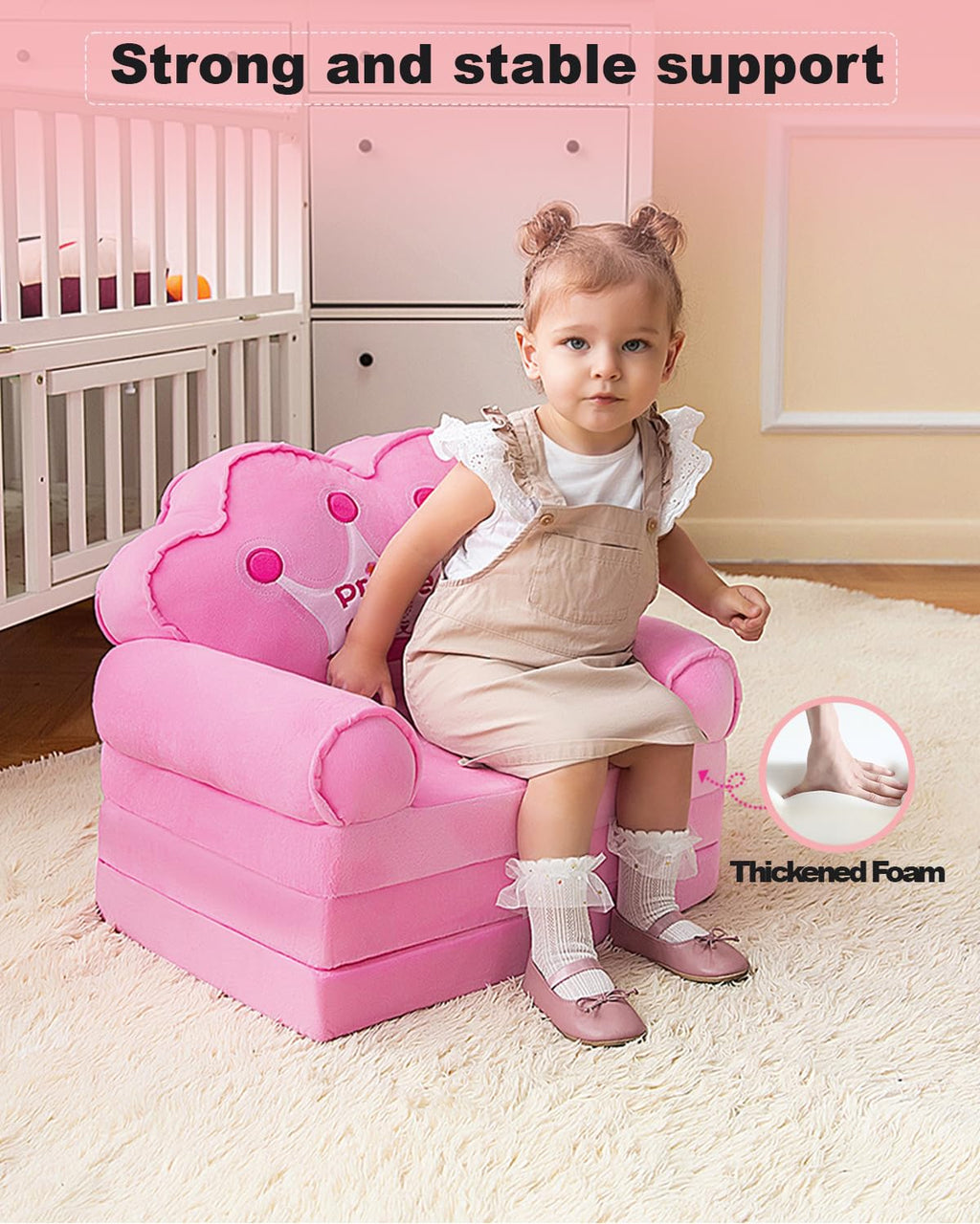 MOONBEEKI Kids Couch Fold Out, Foldable Princess Chair for Toddlers, Pink