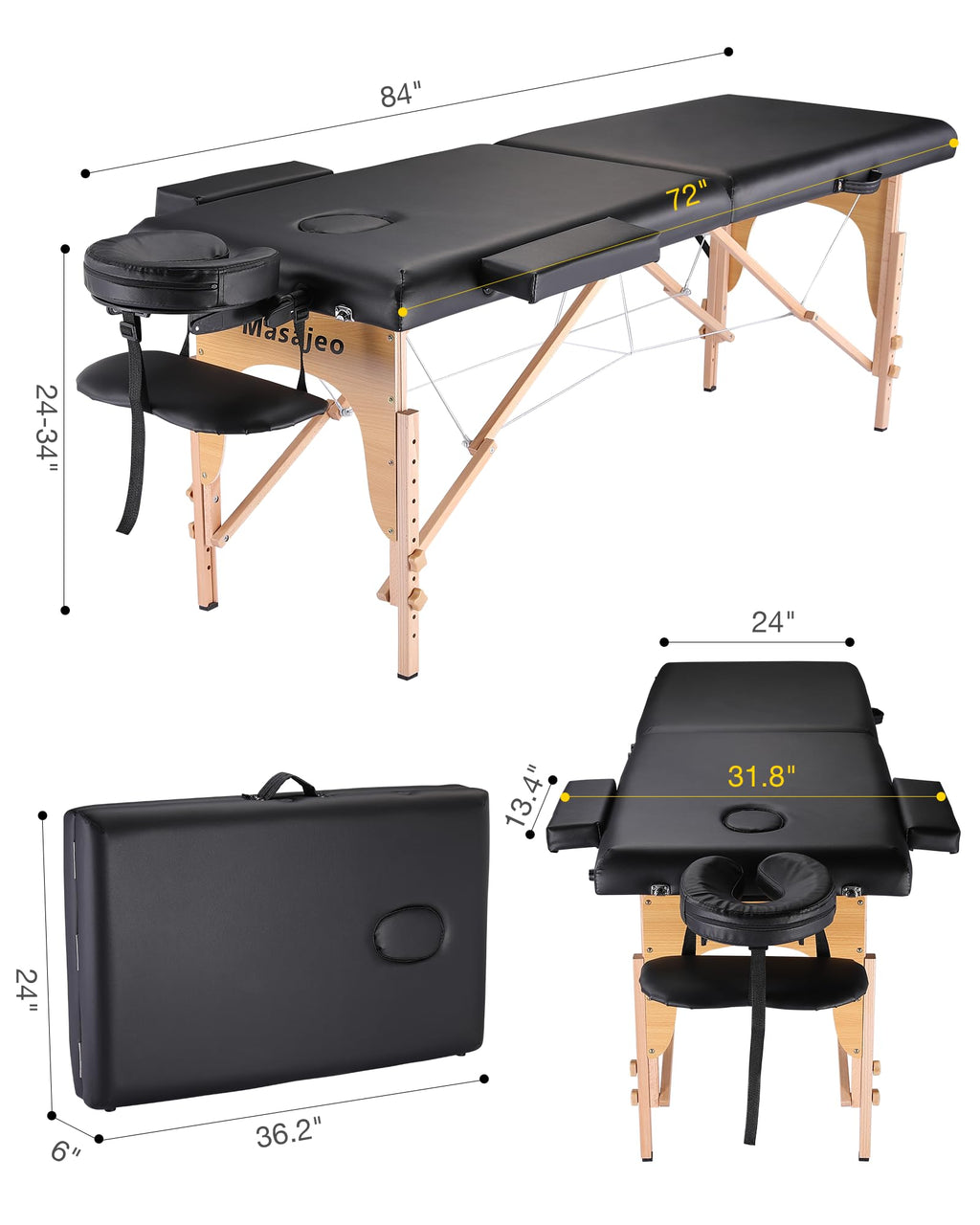 Professional Massage Table Portable Massage Bed for Spa Salon Tattoo Esthetician Lash Reiki, Adjustable Height 84" Long & 500 LBS Load Capacity, Black (2-Section)