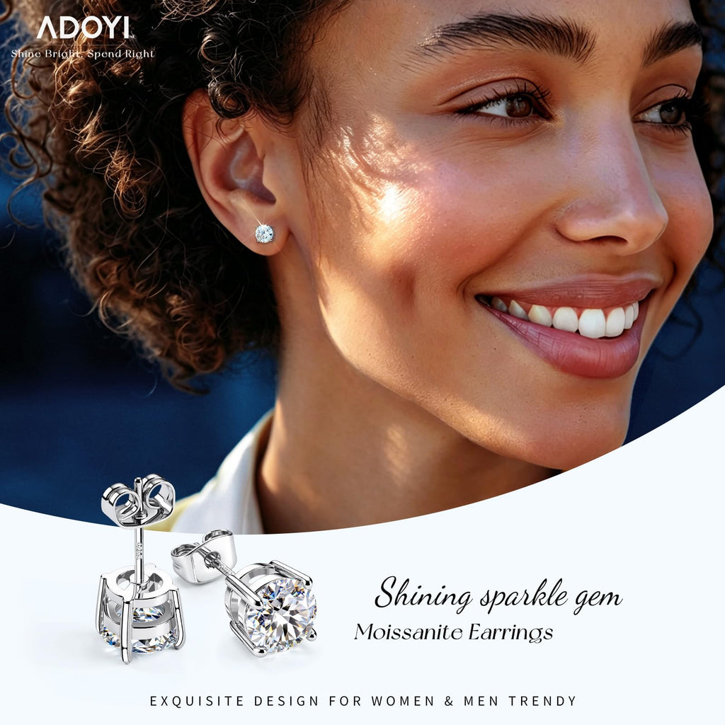 adoyi Moissanite Diamond Stud Earrings for Women Men 925 Sterling Silver Post Hypoallergenic 18K White Gold Plated Flat Back Stud Earring Jewelry Round Cut D Color VVS1 Clarity Gift for Women 2.0CT