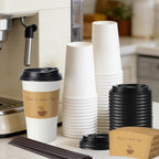 BYSNOW 20 oz 50 pack Disposable Paper Coffee Cups, Paper To Go Cups with Lids, Sleeves and Stirring Sticks, Hot Paper Cups for Home, Office and Party (White 20oz)
