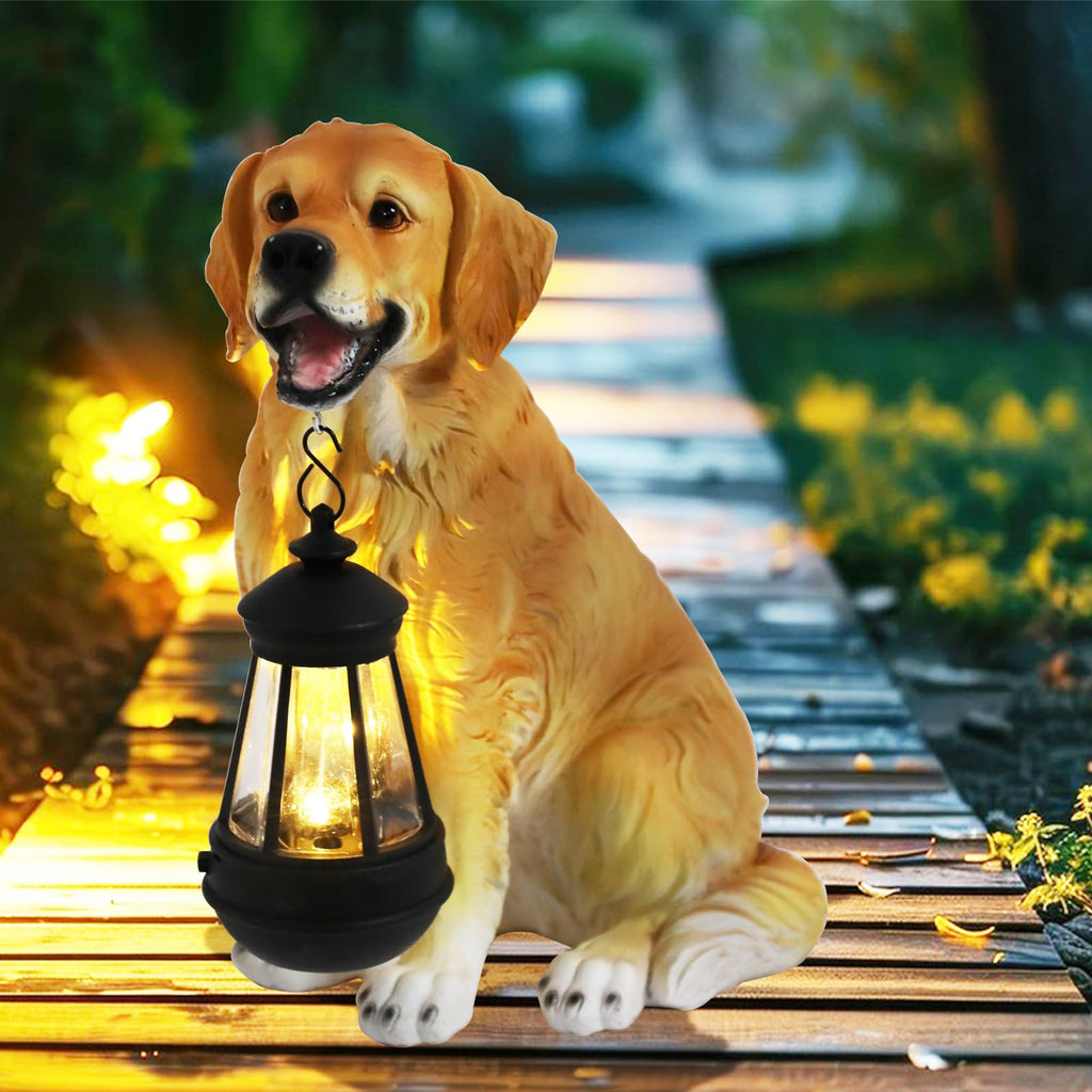 Golden Retriever Statue, Resin Solar Dog outdoor statues Holding Lantern