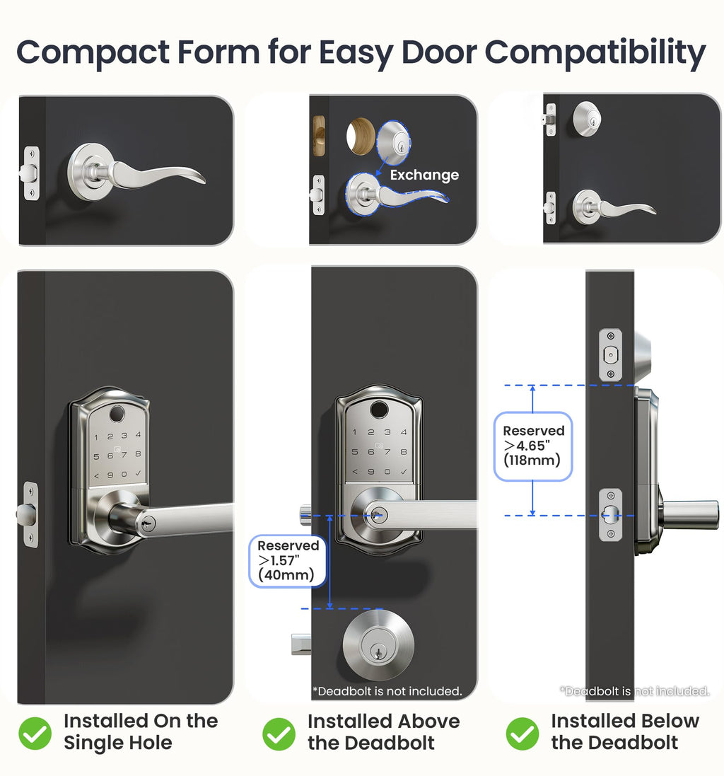 Veise VE019 Fingerprint Smart Lever Lock, App Control, Keyless Entry Door Lock with Handle, Touchscreen Keypad Knob for Front Door and Bedroom, Remote Access Sharing, IP55 Waterproof, Satin Nickel
