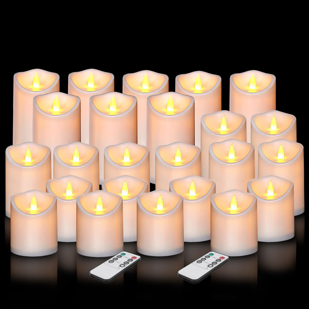 Flameless Candles 4" 5" 6" Outdoor Indoor Pillars Battery Operated Flickering Candles Include 8-Key Remote Timer 400+ Hours by 2 AA Batteries (White Candle - Warm light, 3"D x 4"|5"|6" H - 24 Pack)