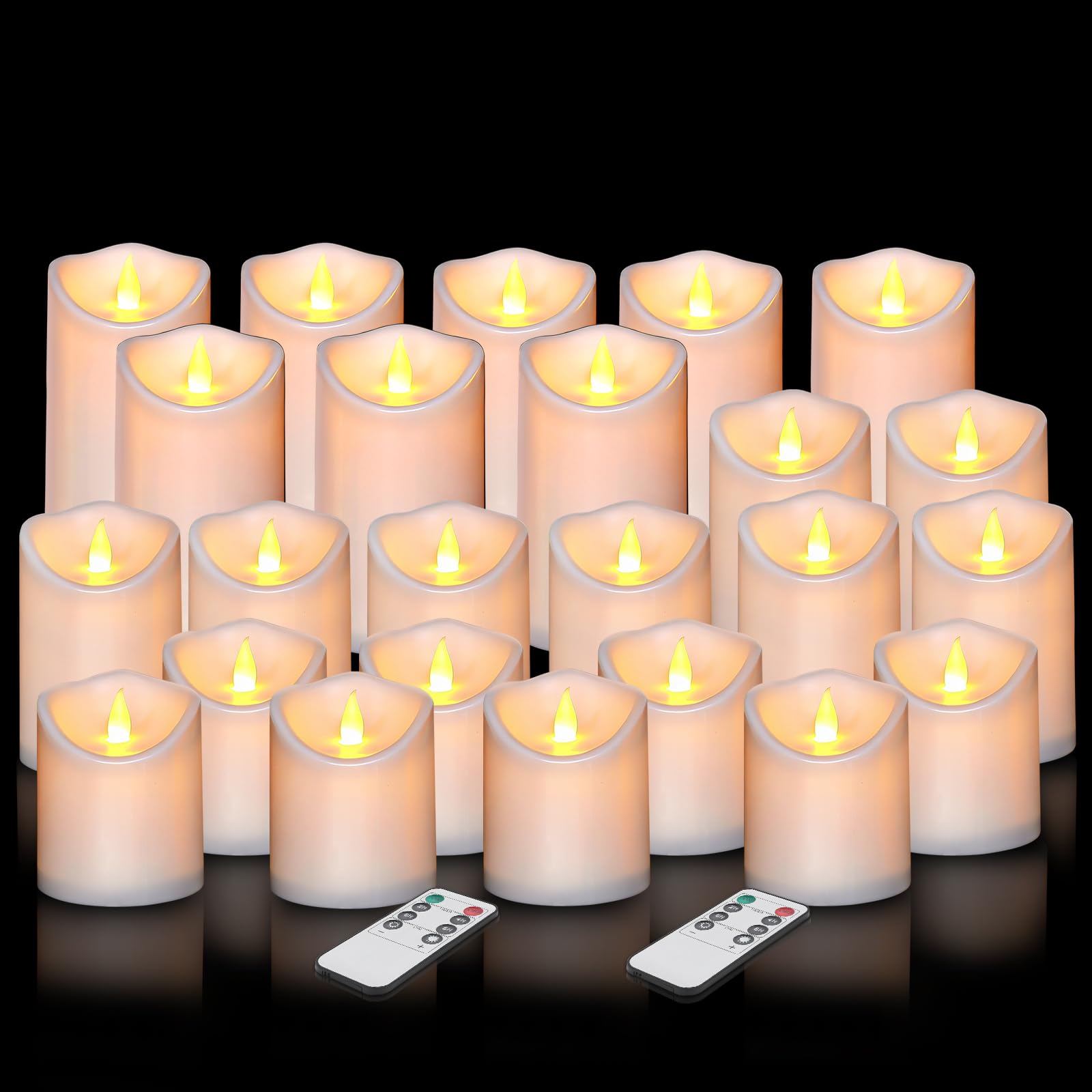 Flameless Candles 4" 5" 6" Outdoor Indoor Pillars Battery Operated Flickering Candles Include 8-Key Remote Timer 400+ Hours by 2 AA Batteries (White Candle - Warm light, 3"D x 4"|5"|6" H - 24 Pack)