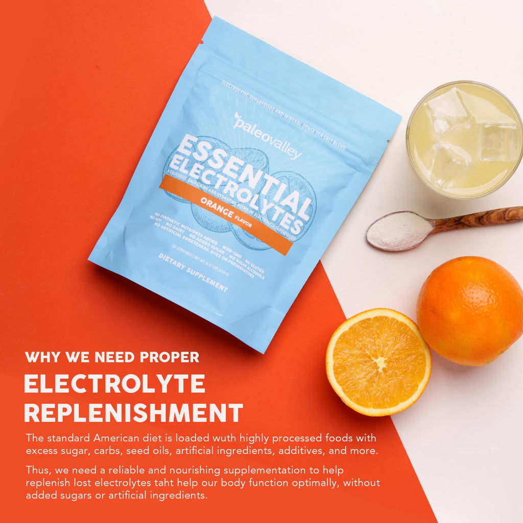 Paleovalley Essential Electrolytes Powder - Full Spectrum Orange Electrolyte Powder for Hydration, Energy and Muscle Recovery - No Sugar Added - 30 Servings