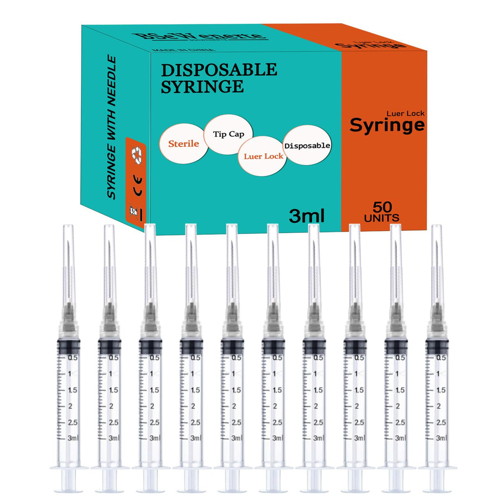 50 Pack 3ml/cc Disposable Luer Lock Lab Syringes with 22Ga 1.0 Inch Needle