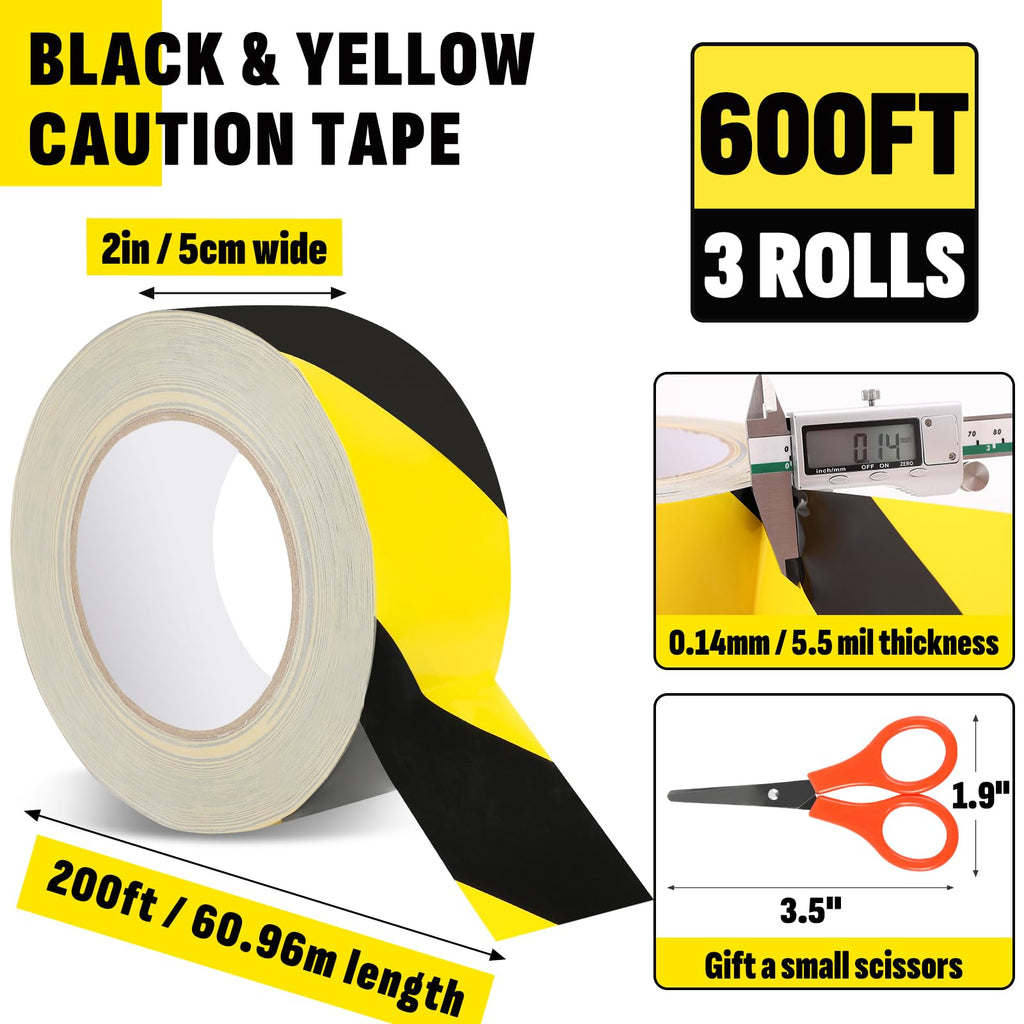 3 Roll Black & Yellow Caution Tape, 2'' x 600 FT Total Length Safety Tape, Black & Yellow Floor Marking Tapes, High Adhesive Hazard Tapes for Floors, Walls, Staircase, Pipes, Equipment, Dangerous Area