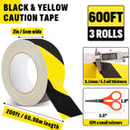 3 Roll Black & Yellow Caution Tape, 2'' x 600 FT Total Length Safety Tape, Black & Yellow Floor Marking Tapes, High Adhesive Hazard Tapes for Floors, Walls, Staircase, Pipes, Equipment, Dangerous Area