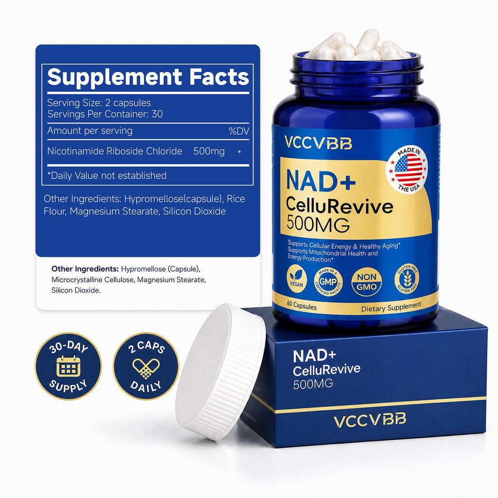 VCCVBB NAD+ Supplement 500mg - Nicotinamide Riboside for Cellular Energy & Mitochondrial Health, NAD Plus Boosting Support Healthy Aging, Stamina & Vitality for Women & Men - 60 Capsules