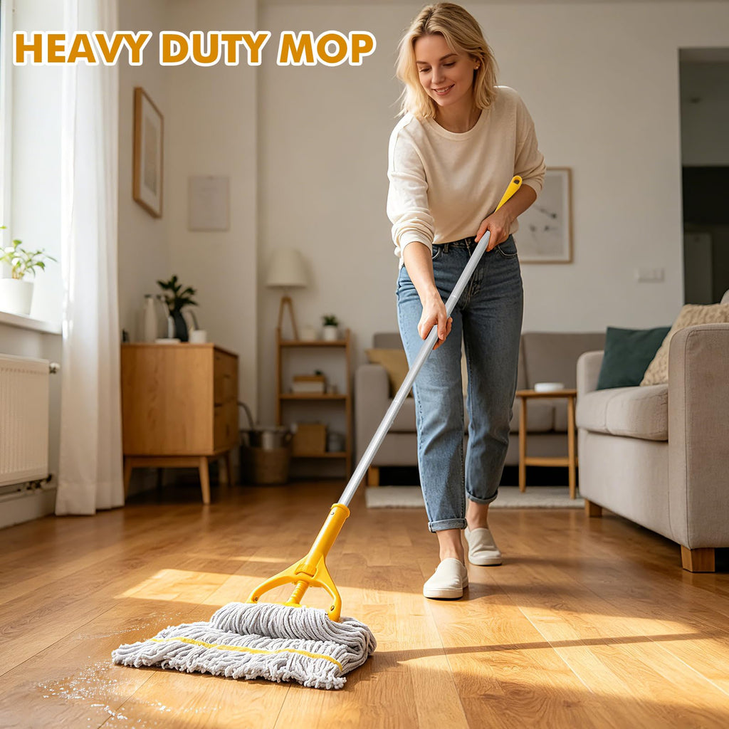 Commercial Mop Heavy Duty Industrial Mop- 3 Extra Large Cotton Looped Heads, 61" Aluminum Handle Mops for Concrete/Tile/Garage Floors-Home, Kitchen