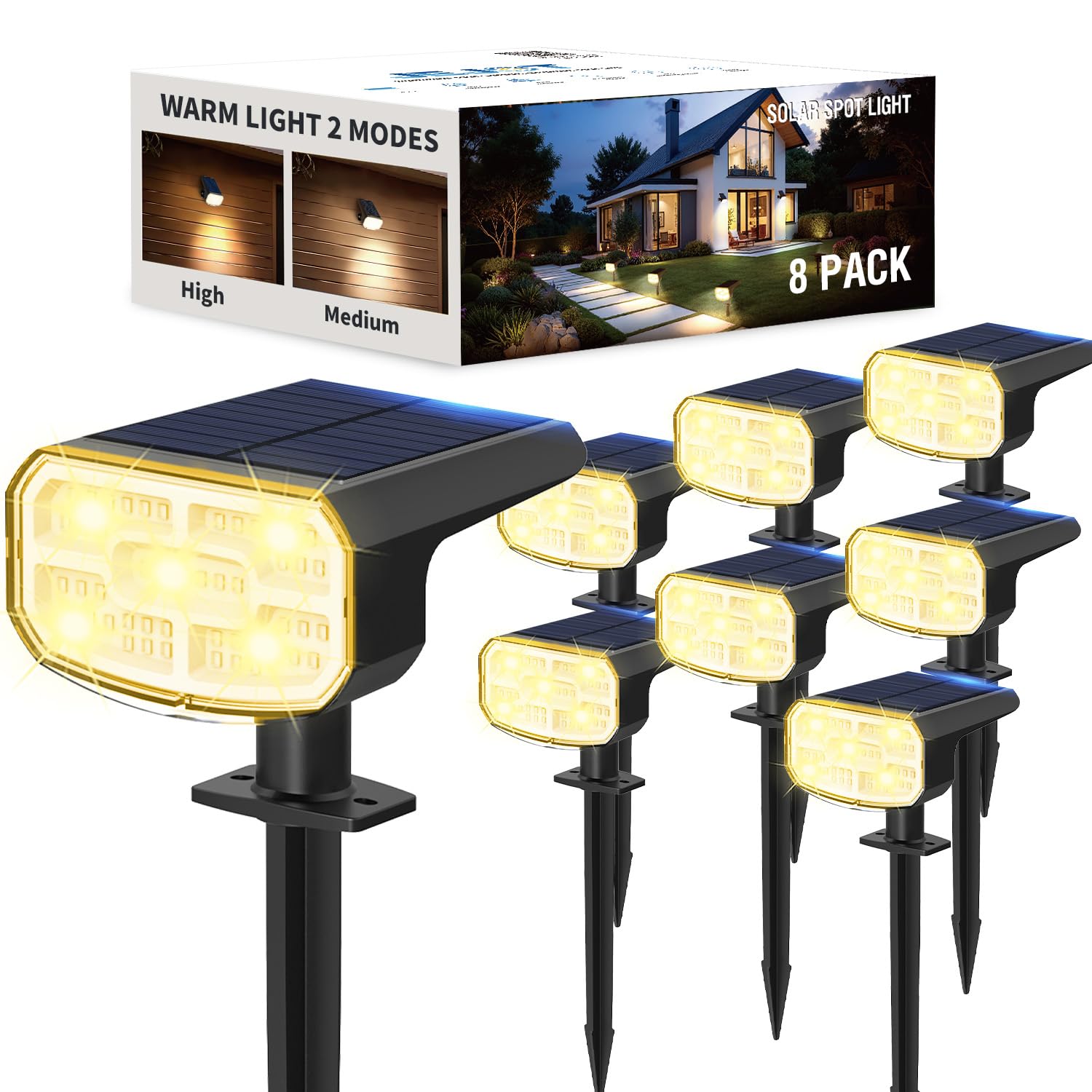 JEJOT Solar Lights Outdoor Waterproof IP65, Super Bright LED, 3000K 2 Lighting Modes, Solar Powered Yard Garden Solar Spot Lights for Outside Landscape Auto On/Off -8 Pack