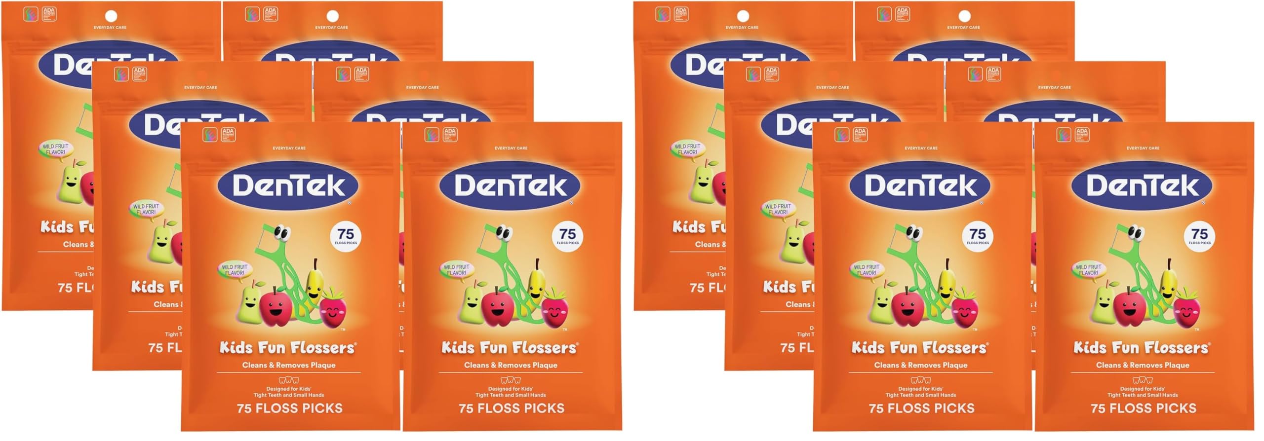DenTek Fun Flossers – Kids Floss Picks with Wild Fruit Flavor, 75 Count (Pack of 12)