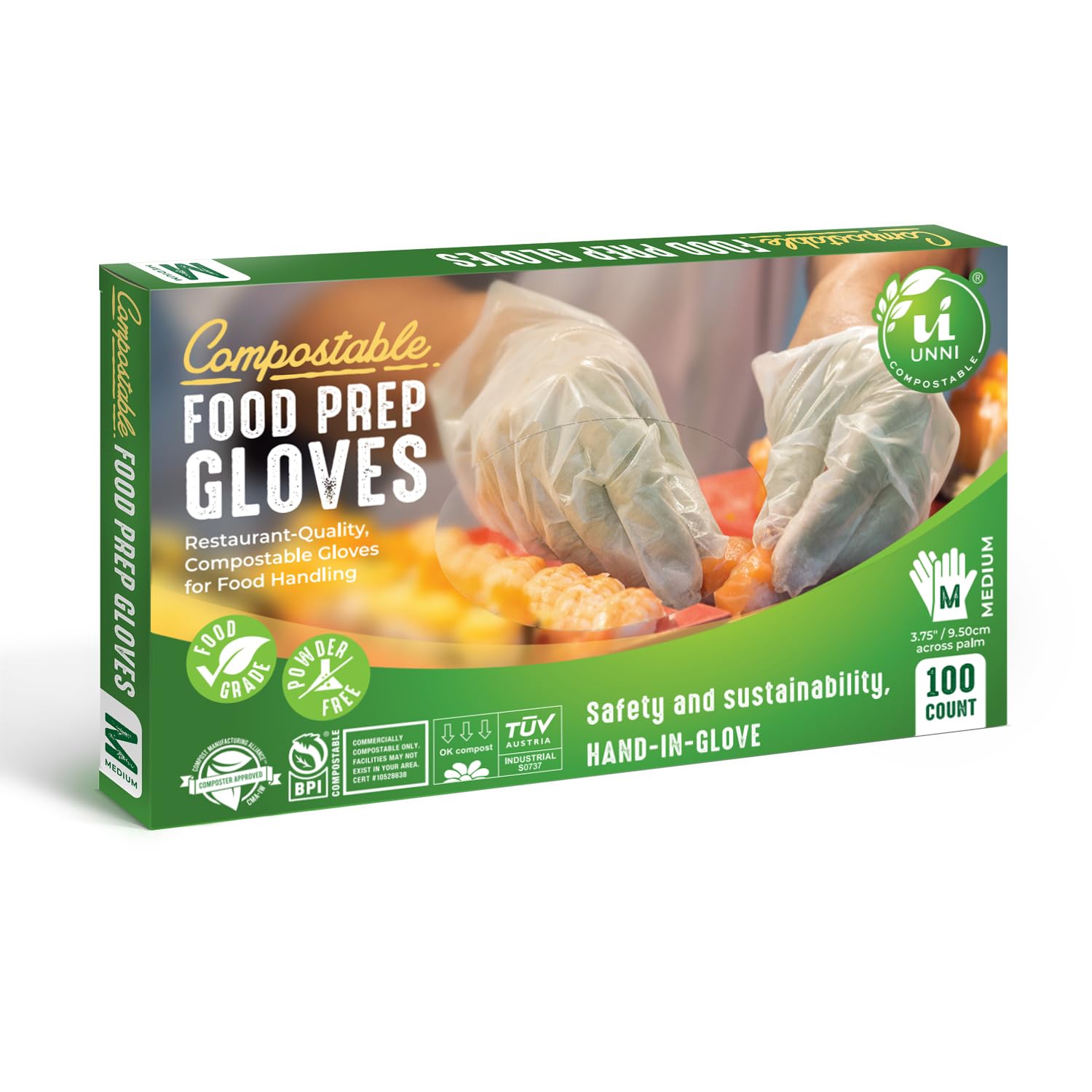 UNNI Compostable Food Prep Gloves, Medium, 500 Count, Powder-Free, For Food Handling & Cleaning, ASTM D6400, BPI Certified