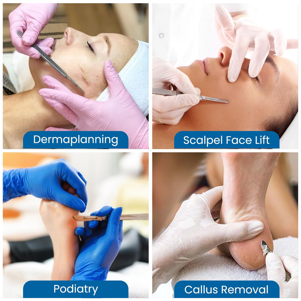 10R Dermaplaning Professional Kit Includes:10R Dermaplaning Scalpel Blades (100 Pack), Scalpel Handle No. 3, Scalpel Blade Remover, Hemostat Forceps