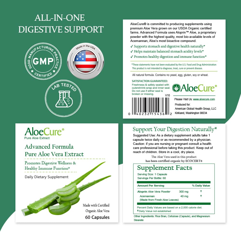 AloeCure Organic Aloe Vera Capsules, 160,000mg Inner Aloe Leaf Equivalent per Serving, Support Gut, Digestive, & Immune Health, Helps Maintain Balanced Stomach Acidity, Aloin Free, 60 Capsules