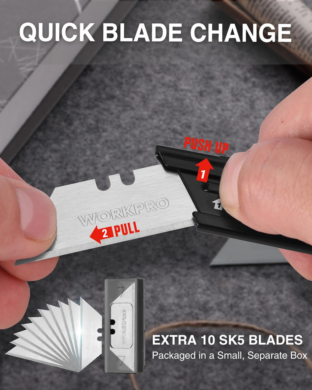 WORKPRO 3-Pack Folding Utility Knife Set, G10 Handle Box Cutter with 10 Extra SK5 Blades, Quick-Change Razor Knife with Belt Clip, EDC Utility Knife for DIY, Office, Home – Multicolor