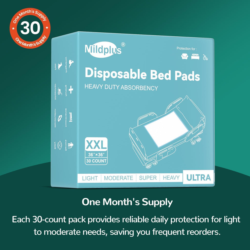 MILDPLUS Bed Pads with Adhesive Strips 36''X36'', 30 Count Chucks Disposable Underpads Extra Large Thicker Incontinence Pads for Unisex Adult, Senior, Kids and Pet