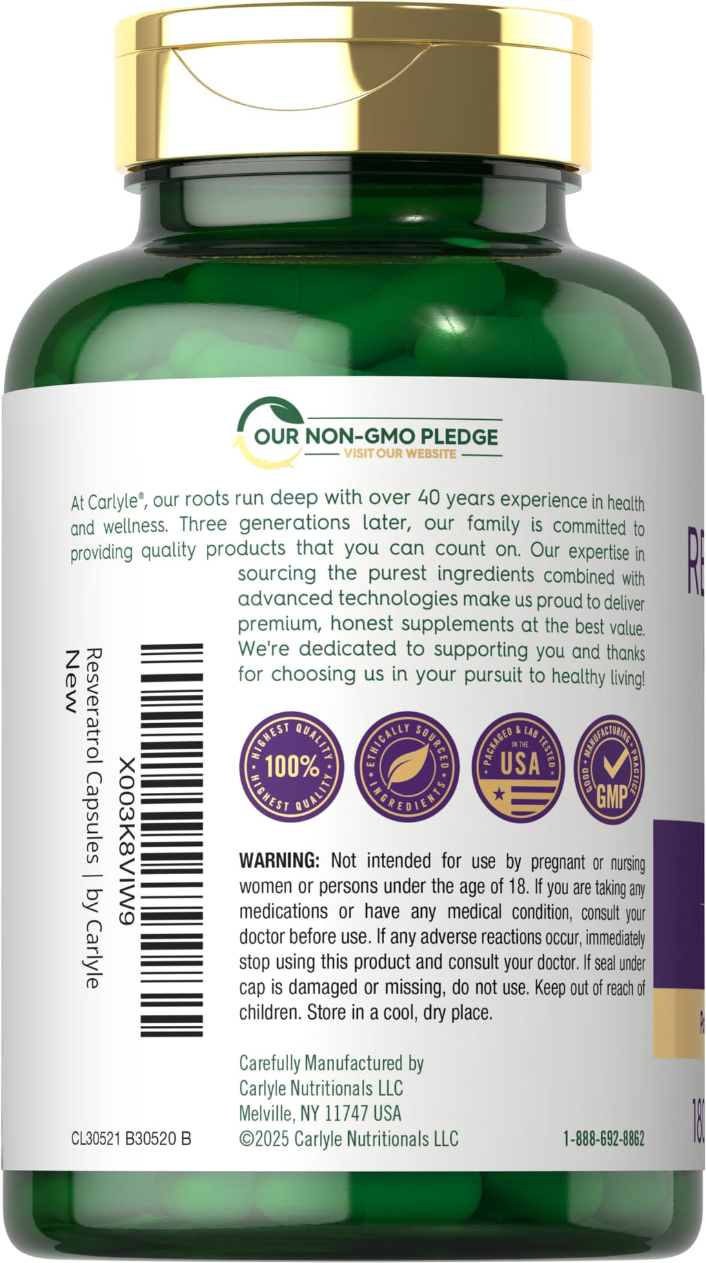 Carlyle Resveratrol Supplement | 180 Capsules | Non-GMO & Gluten Free | Potent Complex
