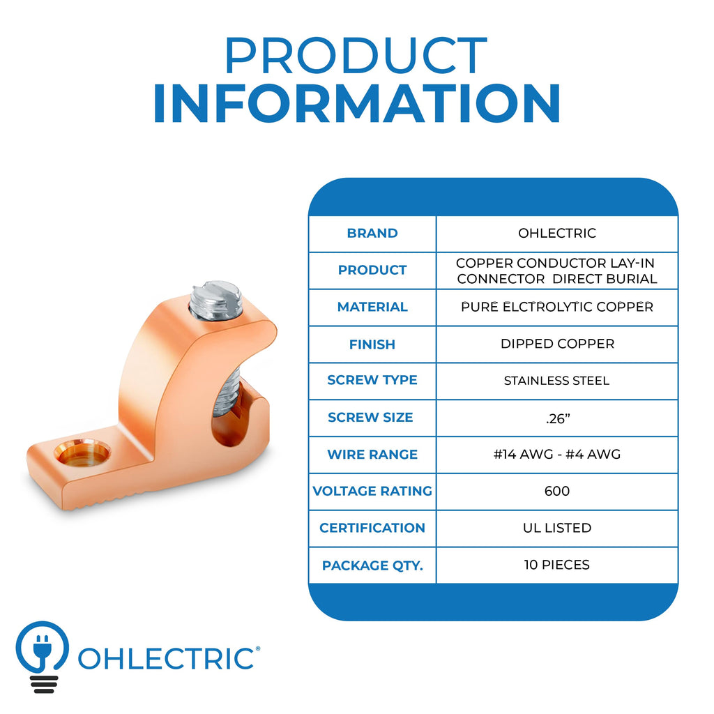 OHLECTRIC Lay-in Grounding Connectors (10-Pack) DB Direct Burial Pool Bonding Lugs, Copper Conductor Ground Wire Lugs for 4-14 AWG Wire Range, Conduits, Swimming Pools, Outdoor Electrical Grounding