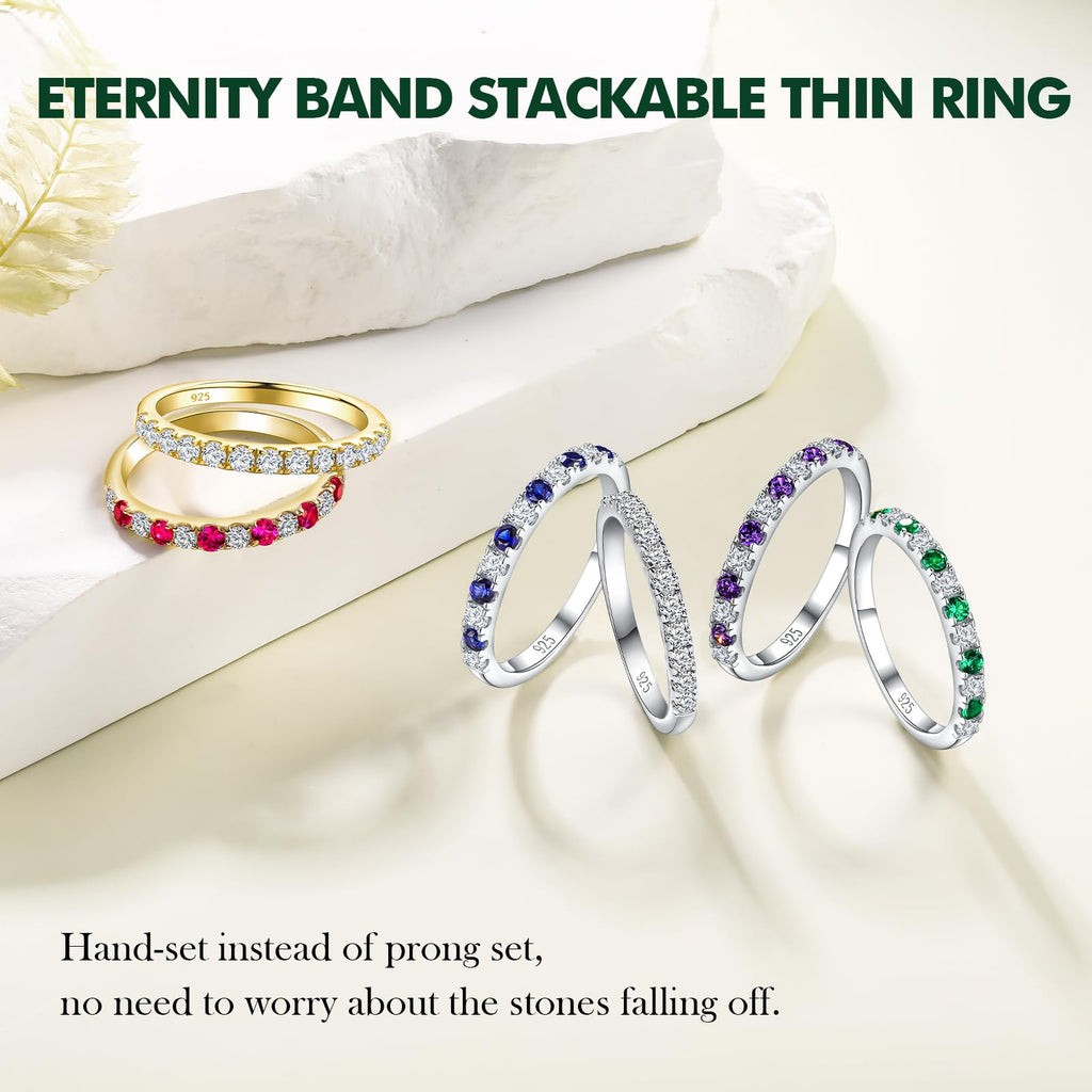 RANDES Sapphire and Cubic Zirconia Rings for Women 925 Sterling Silver Sapphire Band Ring September Birthstone Stackable Rings Half Eternity Wedding Bands Size 6