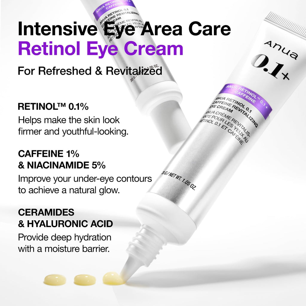 Anua Retinol 0.1 Caffeine Revitalizing Eye Cream, Lightweight Formula for Dark Circles & Puffiness, Hydrating for Sensitive Skin, Korean Skincare,1.05 fl oz