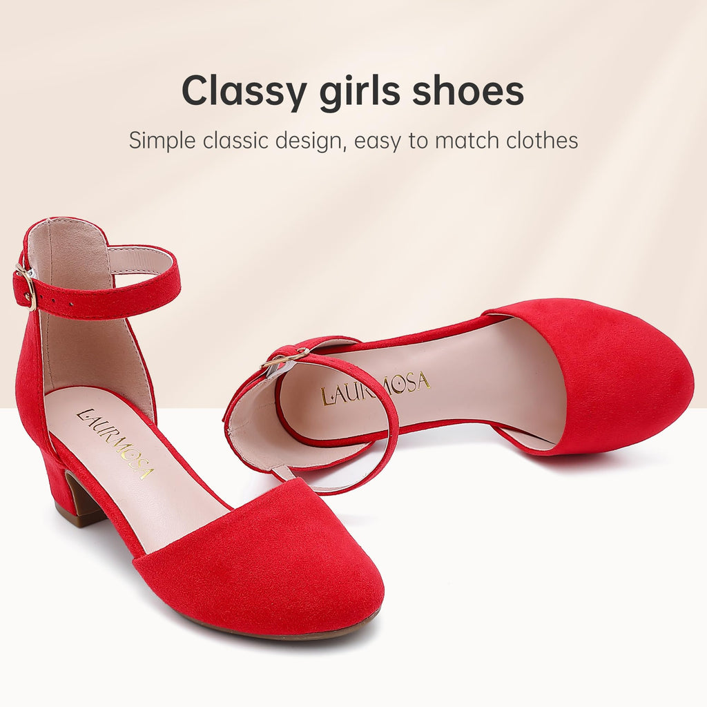 LAURMOSA Heels for Girls Closed Toe Red Dress Shoes Low Heel Block Pumps Platform Shoes Dorothy Halloween Christmas Party High Heel Chunky Wedding for Toddler Little Big Kids(L1012Red 4)