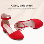 LAURMOSA Heels for Girls Closed Toe Red Dress Shoes Low Heel Block Pumps Platform Shoes Dorothy Halloween Christmas Party High Heel Chunky Wedding for Toddler Little Big Kids(L1012Red 4)