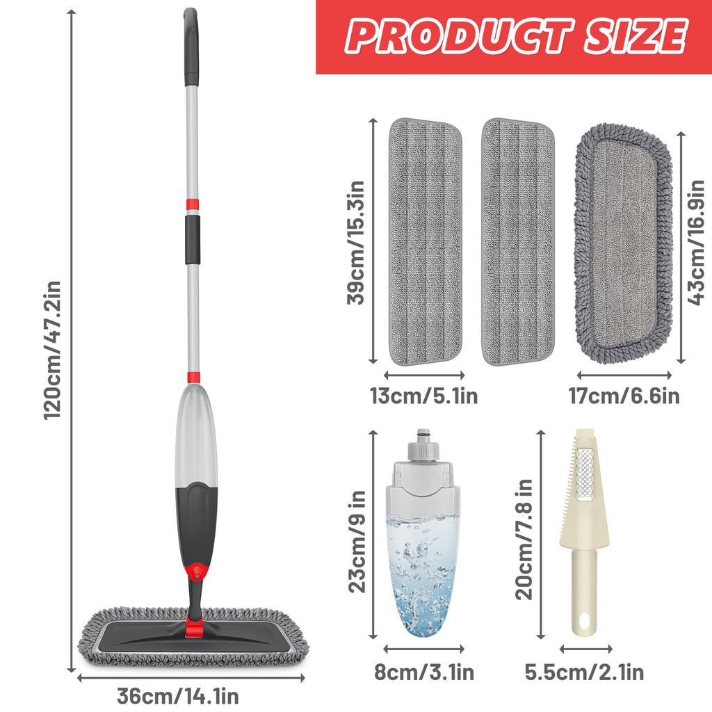 HOMTOYOU Microfiber Hardwood Floor Mop: Dust Spray Mops for Cleaning Wood Home Kitchen Floors - Wet Mopping & Dry Sweeping - 3 Reusable Refills & 1Pcs 400+ML Refillable Bottle