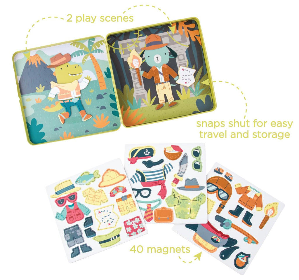 Stephen Joseph, Magnetic Dress Up Dolls 40 PC Play Set – Screen-Free Pretend Play Magnetic Case, Ideal for Ages 3+ – Travel Game for Kids, Magnetic On The Go Activity Set, Dino and Dog