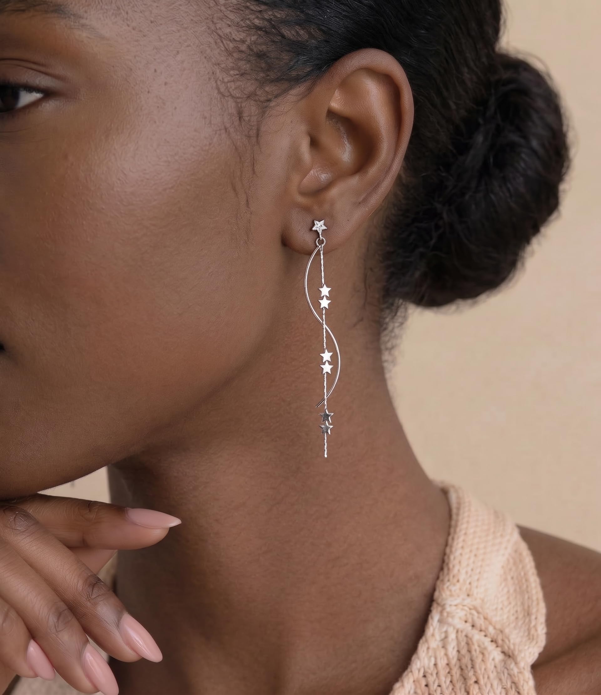 SLUYNZ Sterling Silver Star Dangle Earrings for Women Teens Girls Long Dangle Earrings Chain Curve Spiral Line Earrings Tassel (A-Silver)
