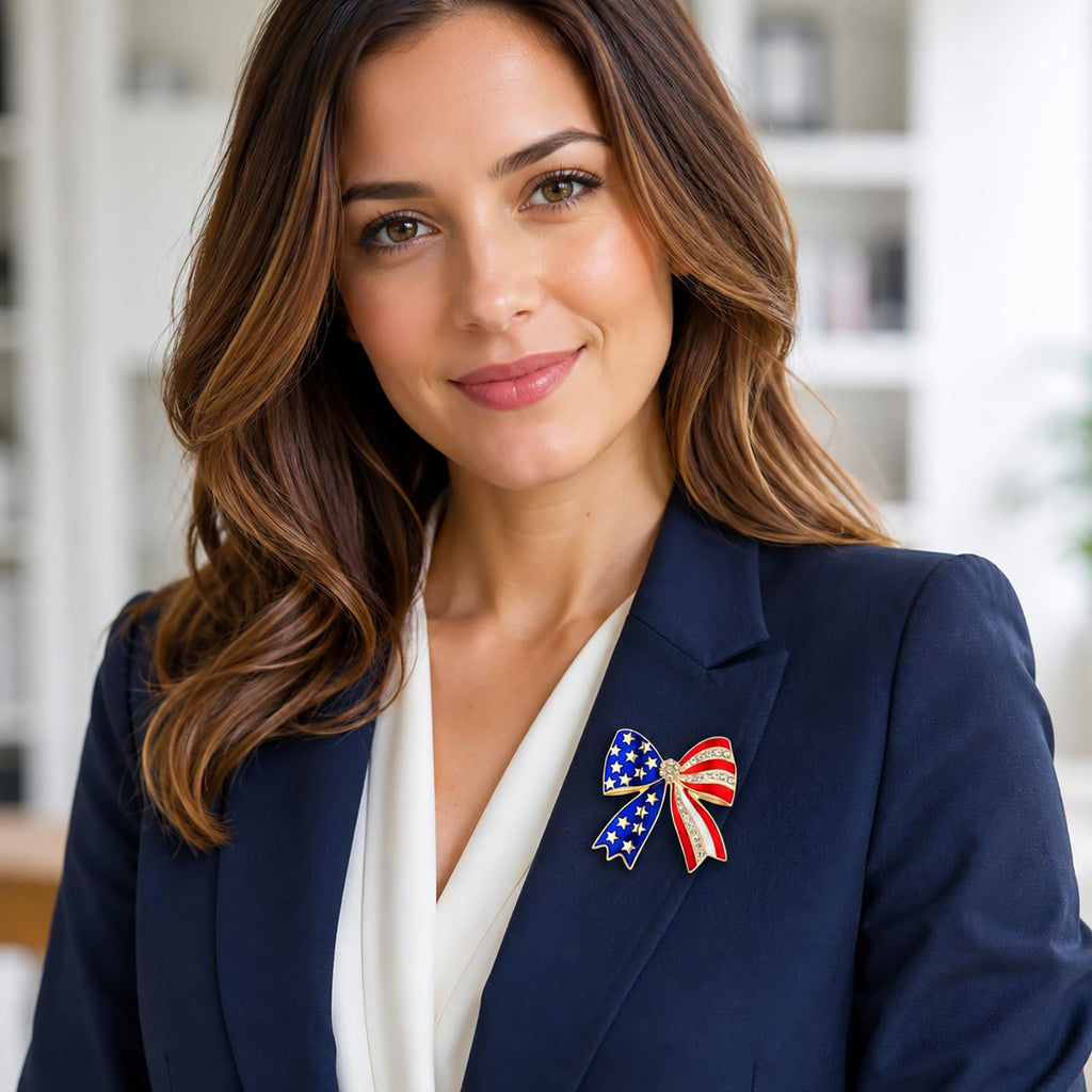 4th of July Pins, American Flag Enamel Pins, Gold Bow Brooches for Women